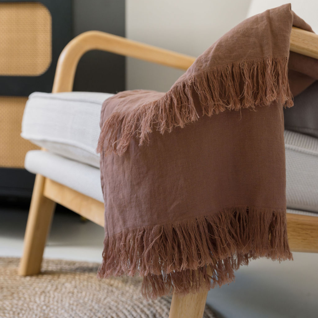 Linen Throw Blanket with Fringe