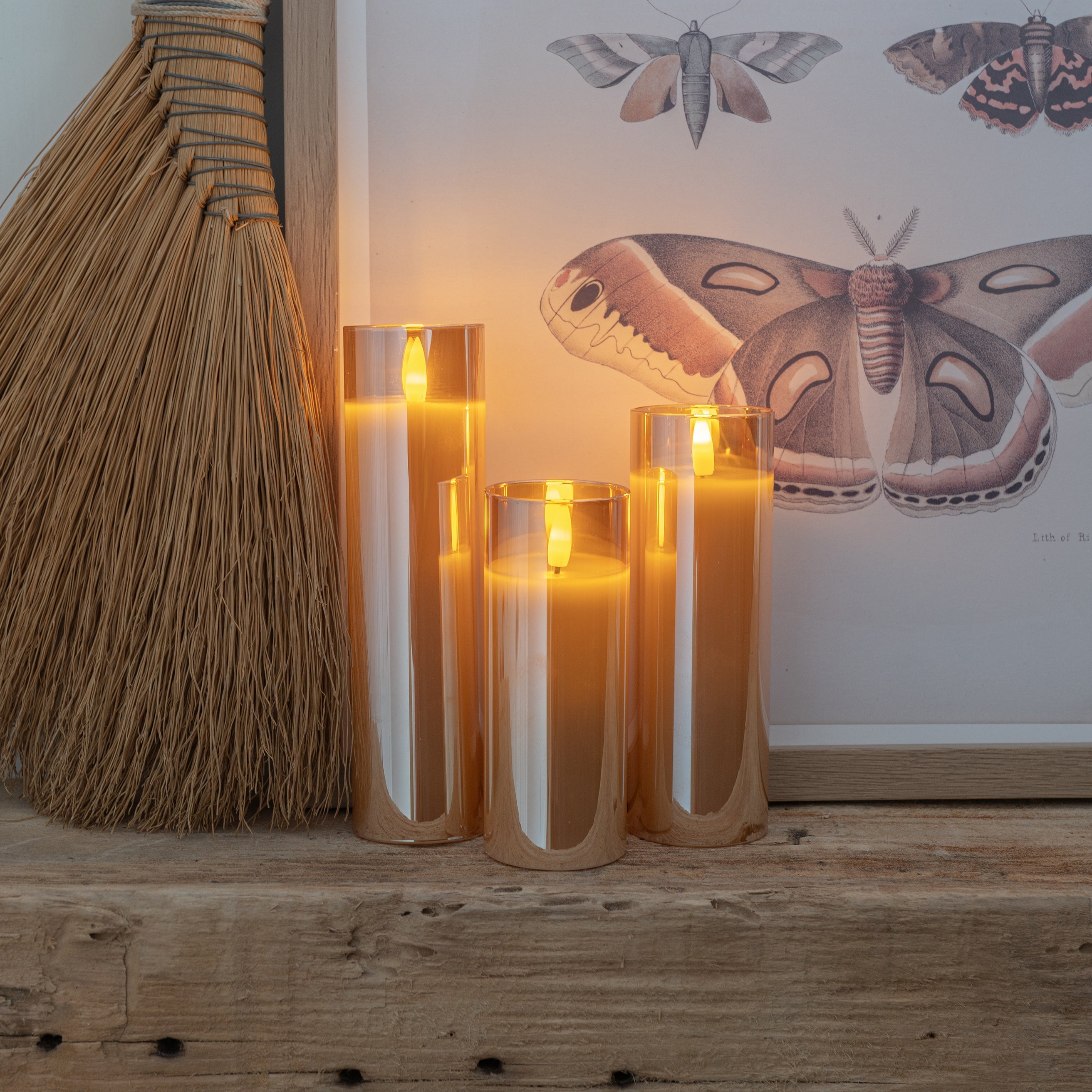 Amber Pillar Flameless LED Glass Candles (Set of 3)
