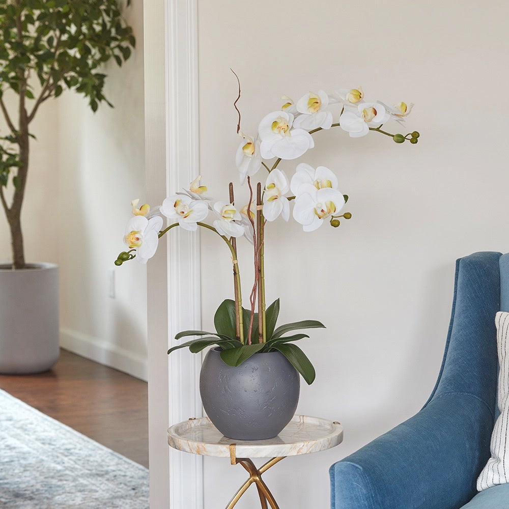 Artificial White Double Stem Orchid in Modern Pot