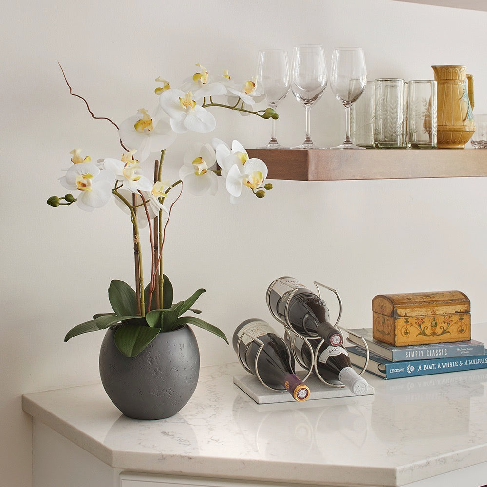 Artificial White Double Stem Orchid in Modern Pot