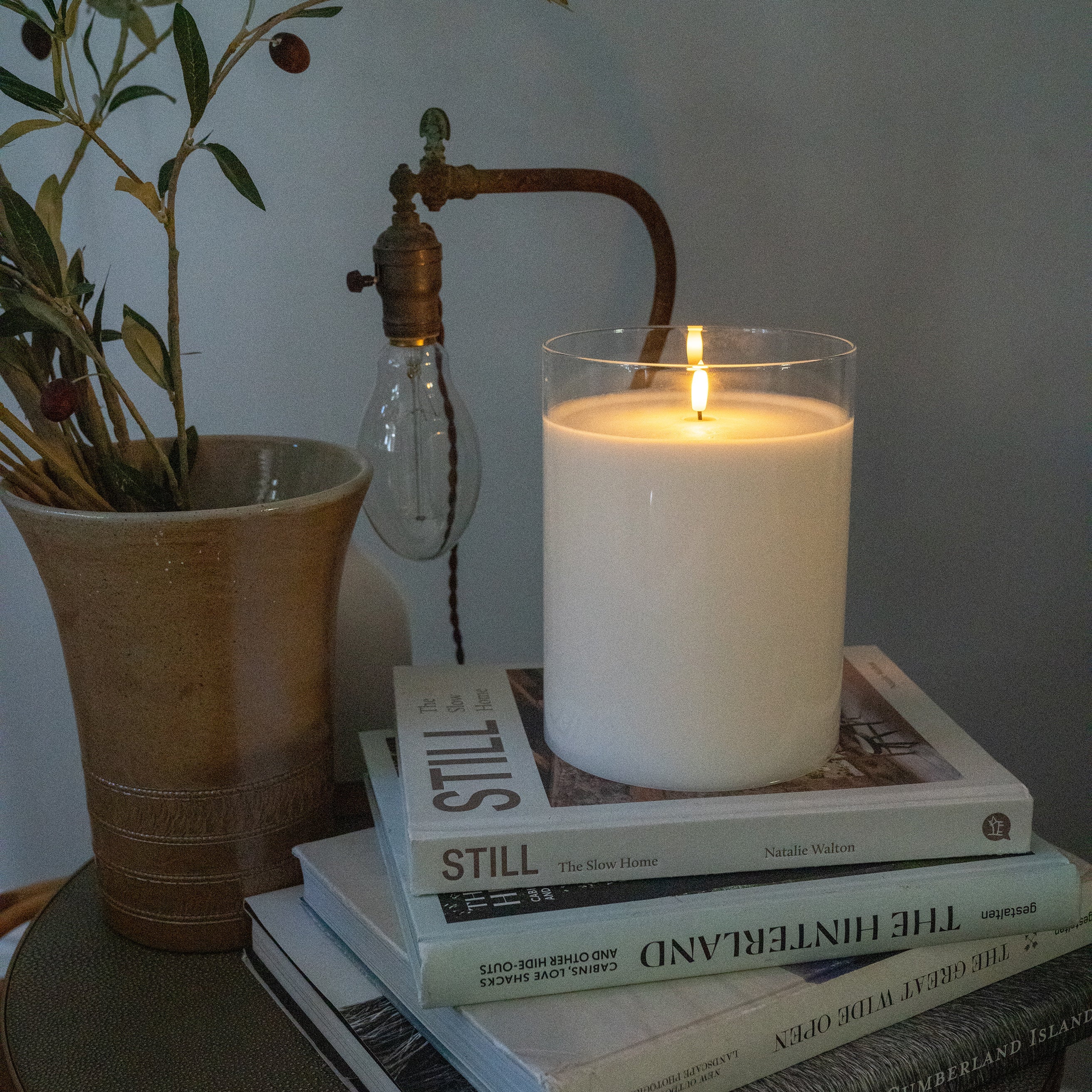 Large White Hurricane LED Flameless Glass Candle