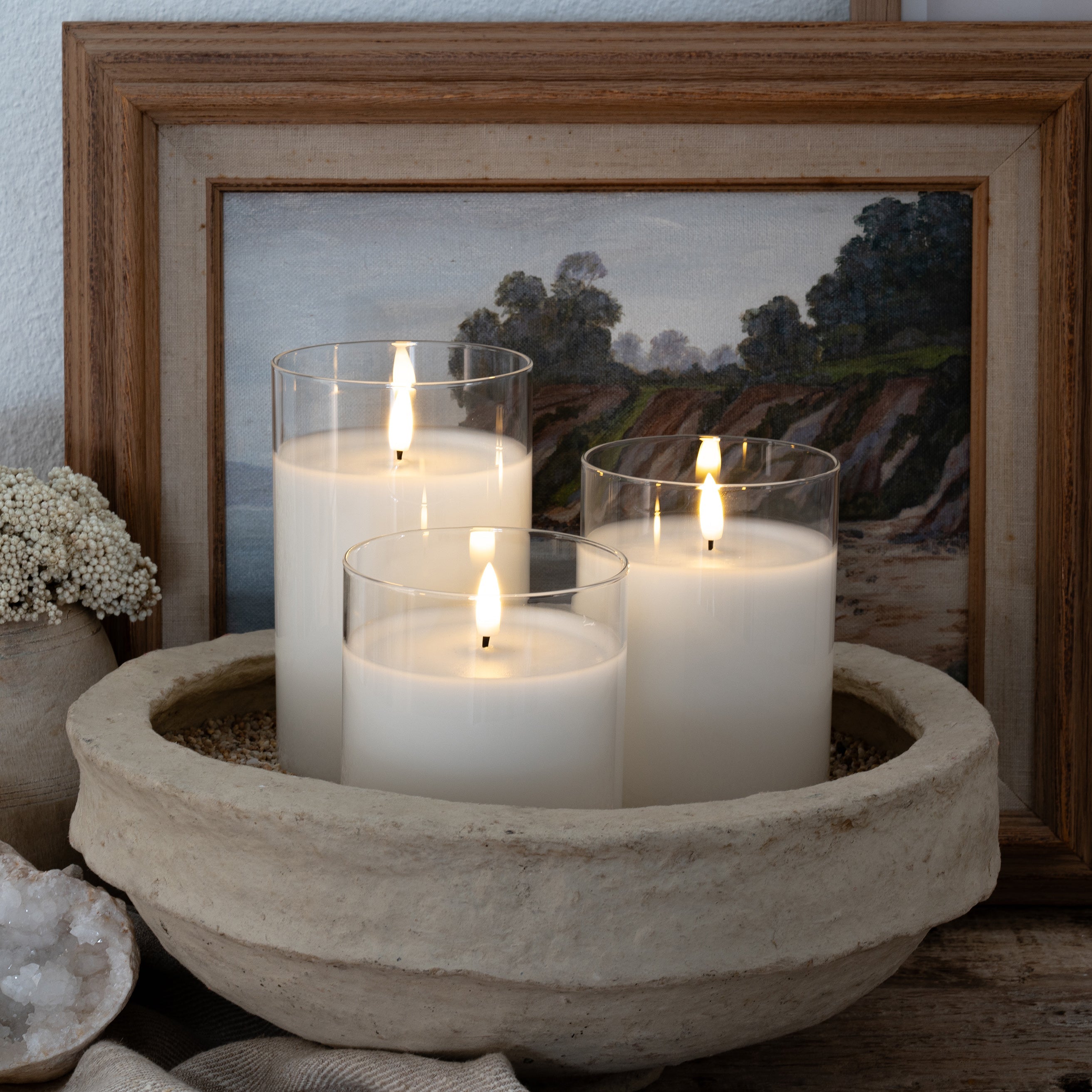 White Hurricane Flameless LED Glass Candles (Set of 3)