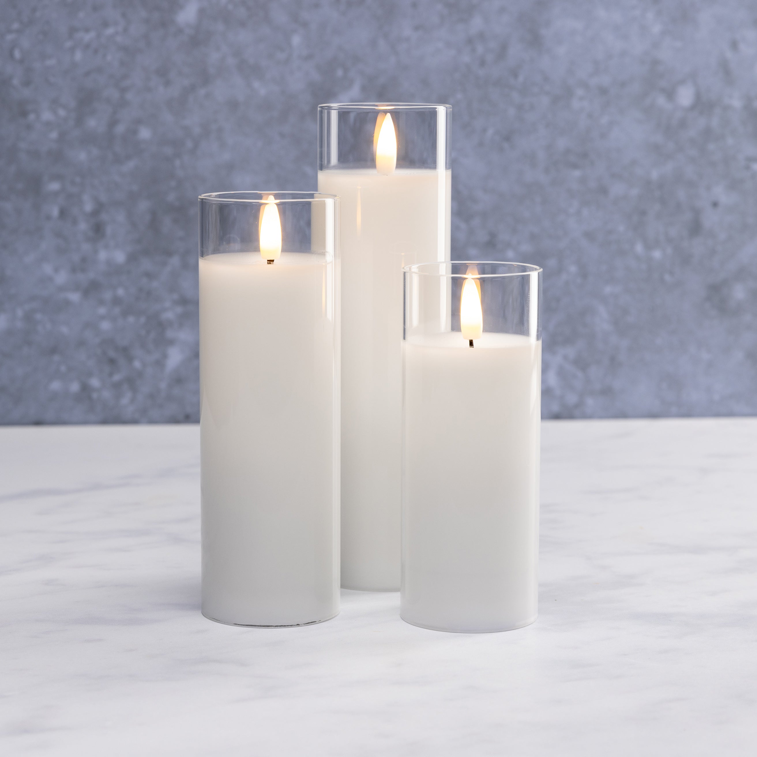 White Pillar Flameless LED Glass Candles (Set of 3)