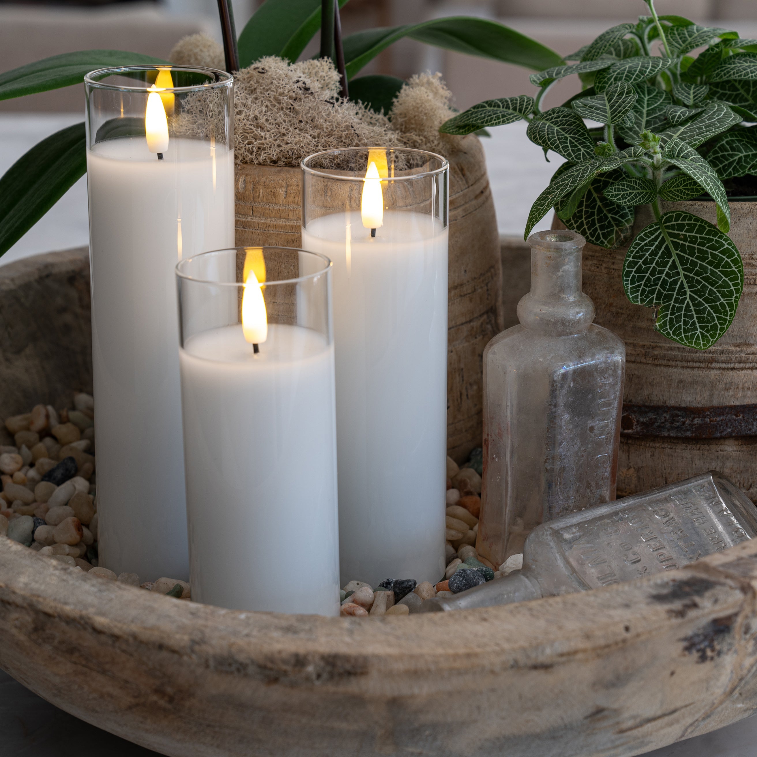 White Pillar Flameless LED Glass Candles (Set of 3)