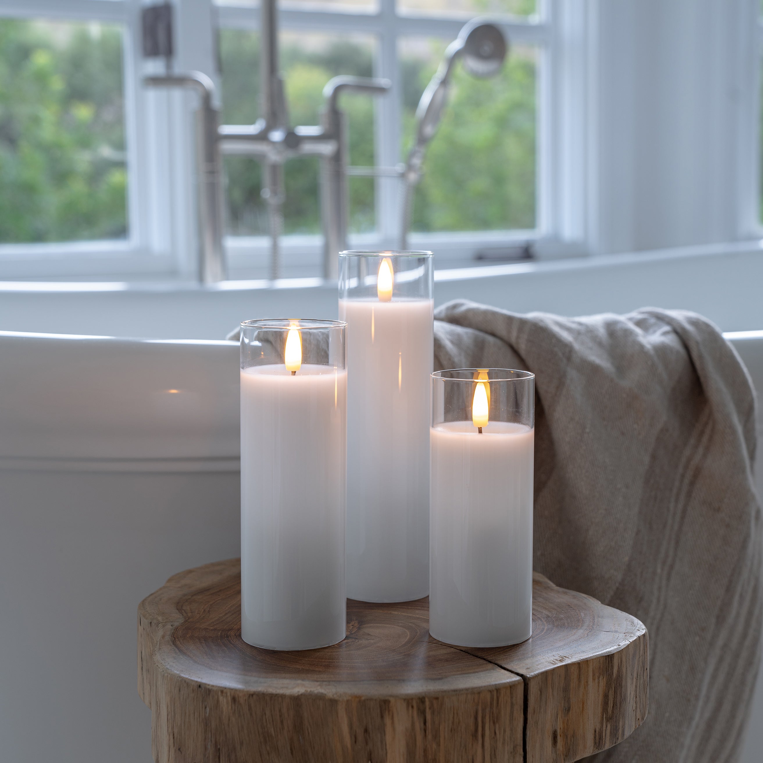 White Pillar Flameless LED Glass Candles (Set of 3)