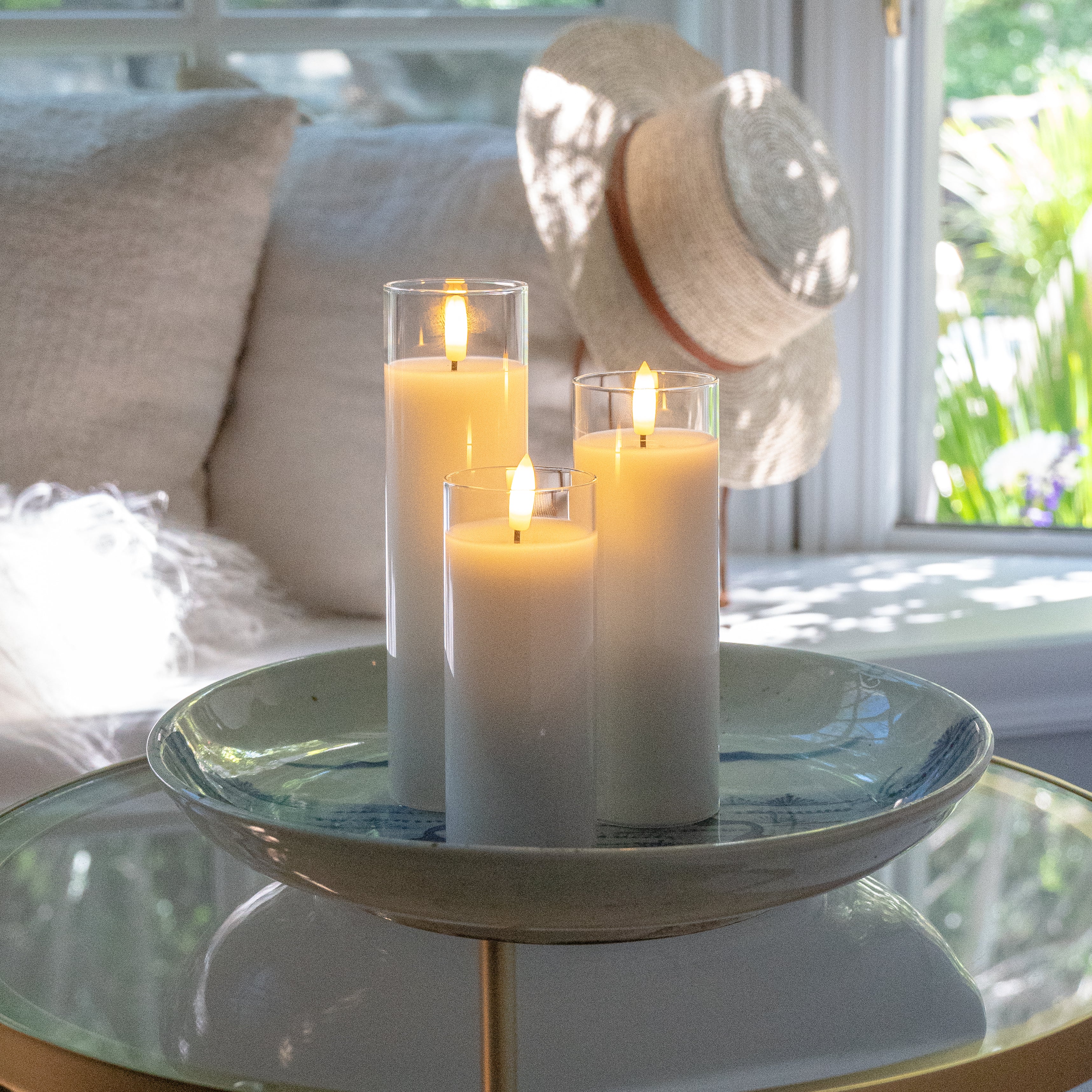 White Pillar Flameless LED Glass Candles (Set of 3)