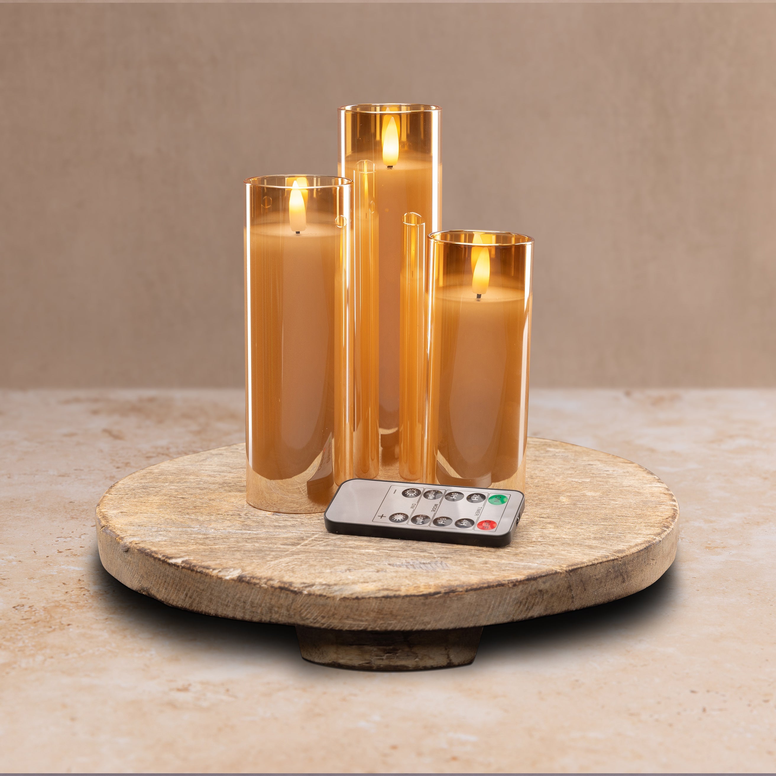 Amber Pillar Flameless LED Glass Candles (Set of 3)