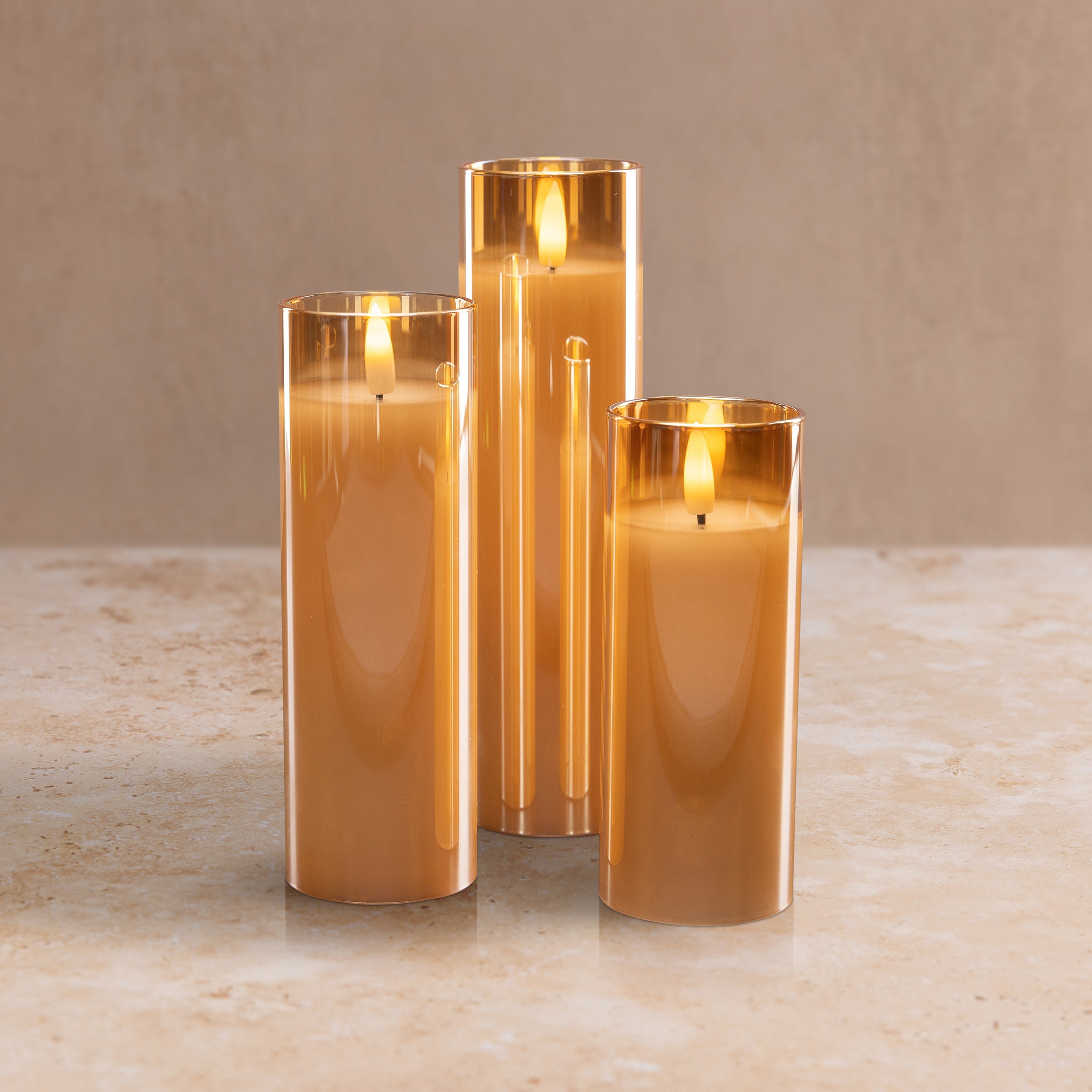 Amber Pillar Flameless LED Glass Candles (Set of 3)