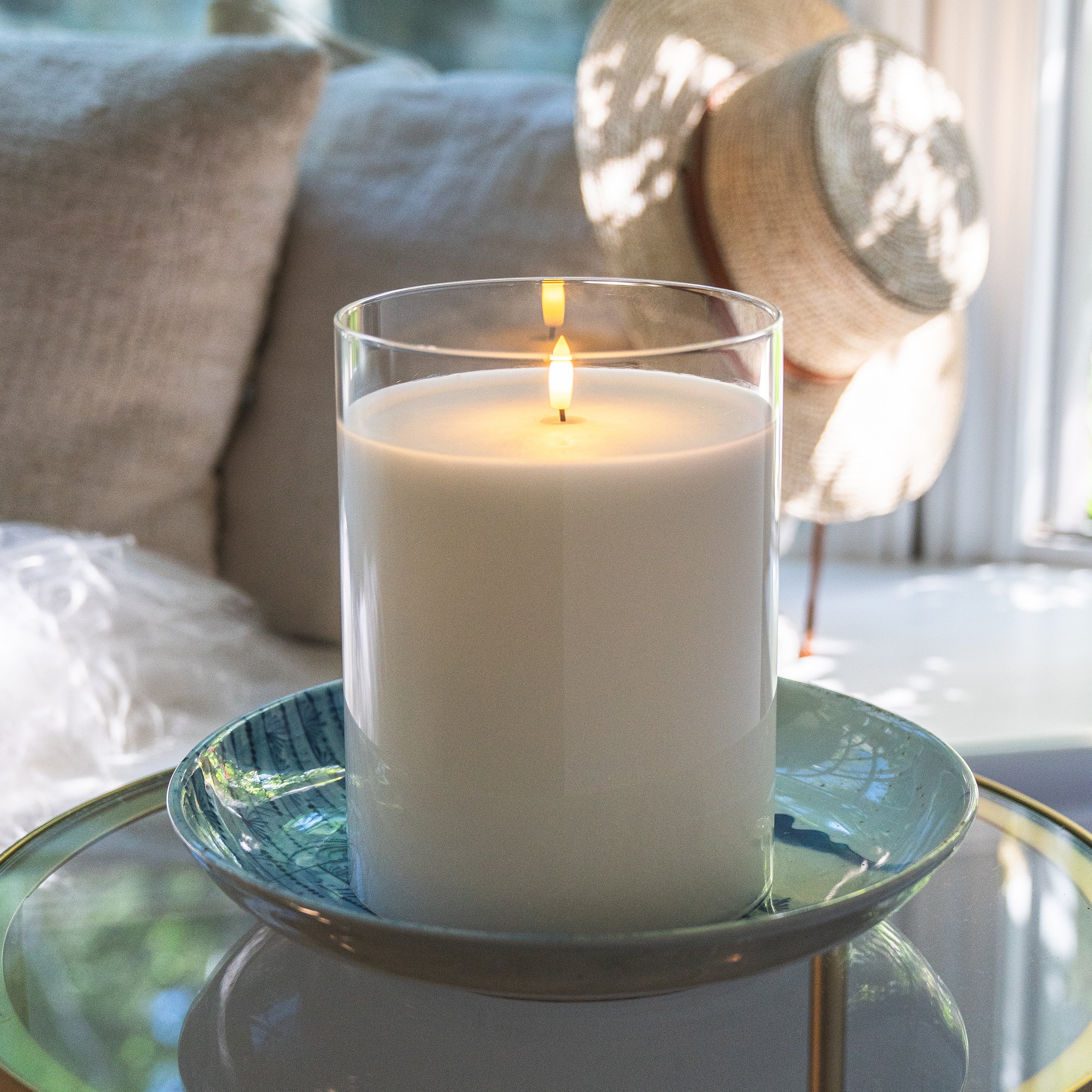 Large White Hurricane LED Flameless Glass Candle