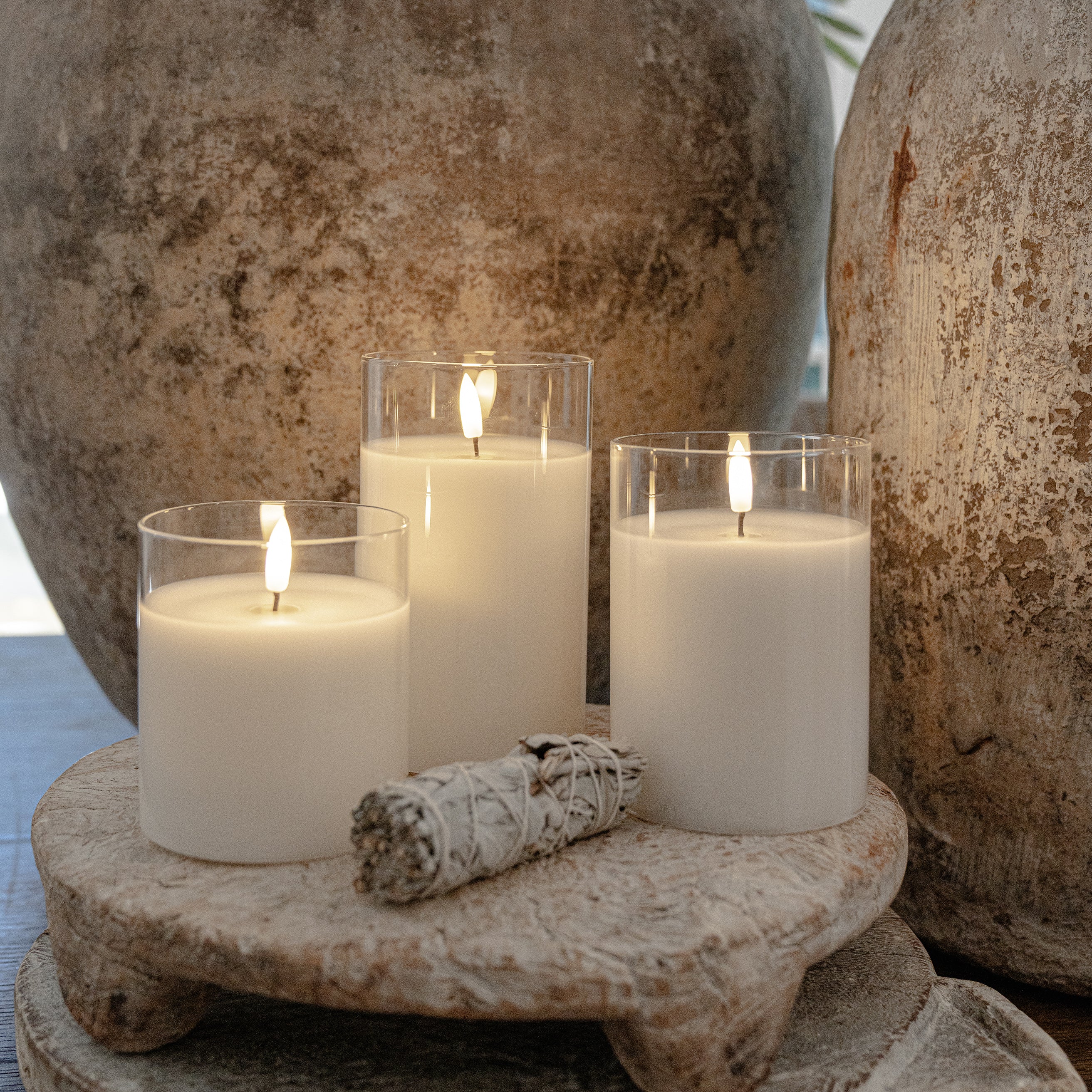 White Hurricane Flameless LED Glass Candles (Set of 3)