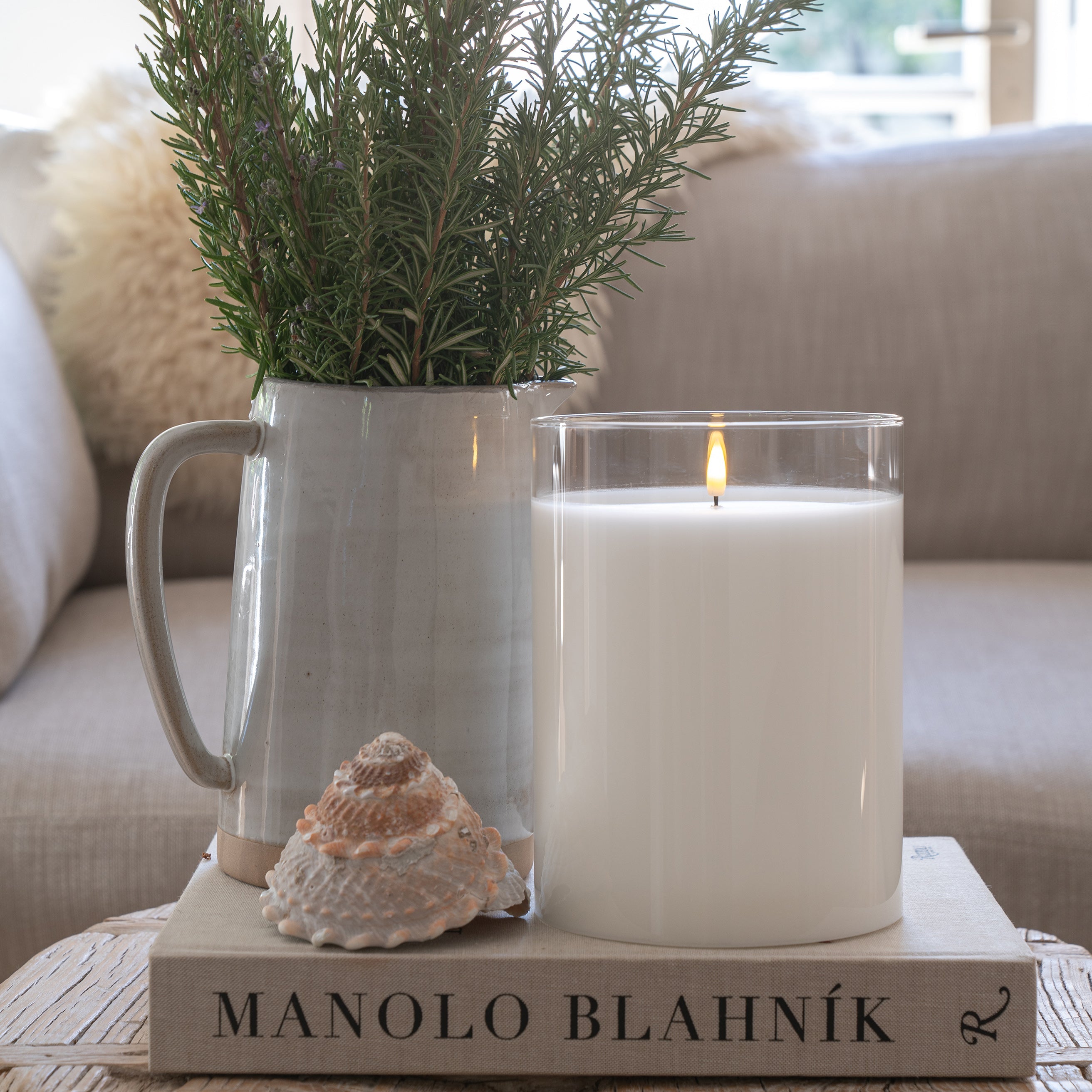 Large White Hurricane LED Flameless Glass Candle