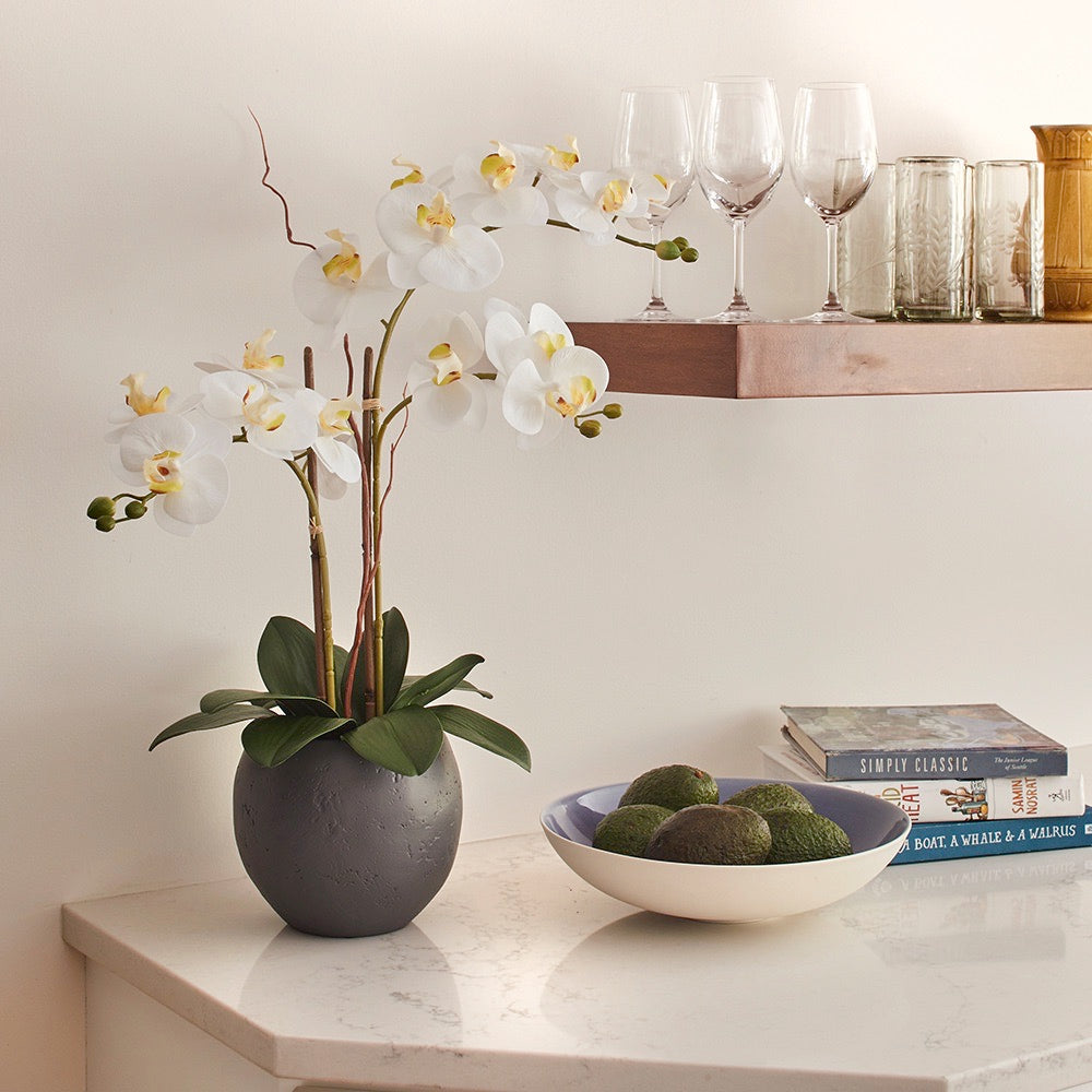 Artificial White Double Stem Orchid in Modern Pot