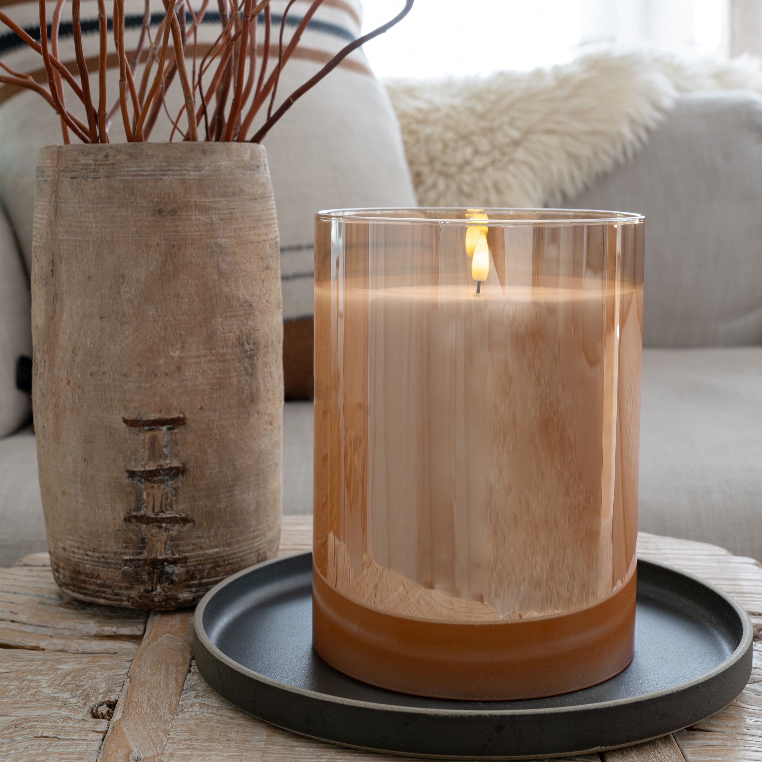 Large Amber Hurricane LED Flameless Glass Candle