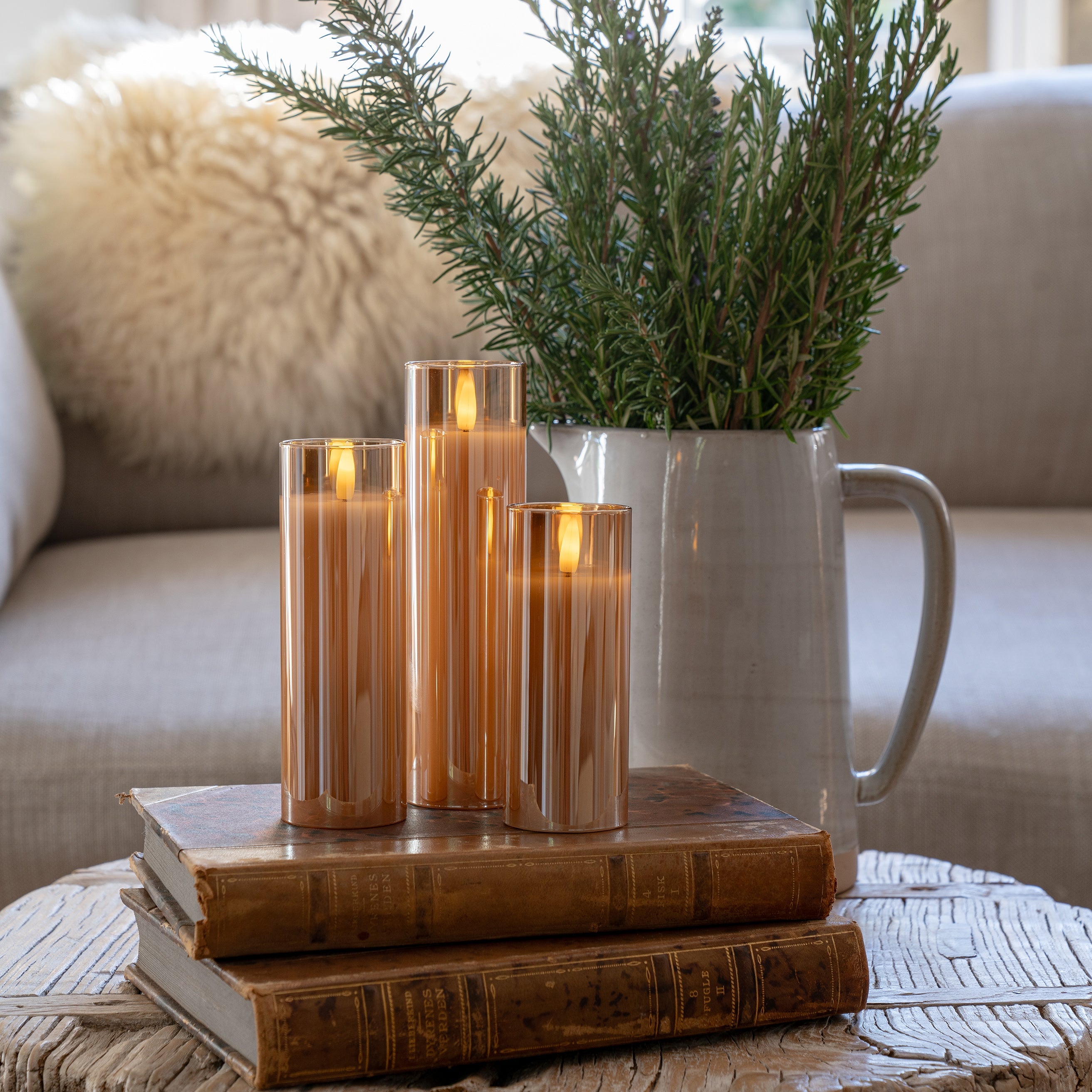Amber Pillar Flameless LED Glass Candles (Set of 3)